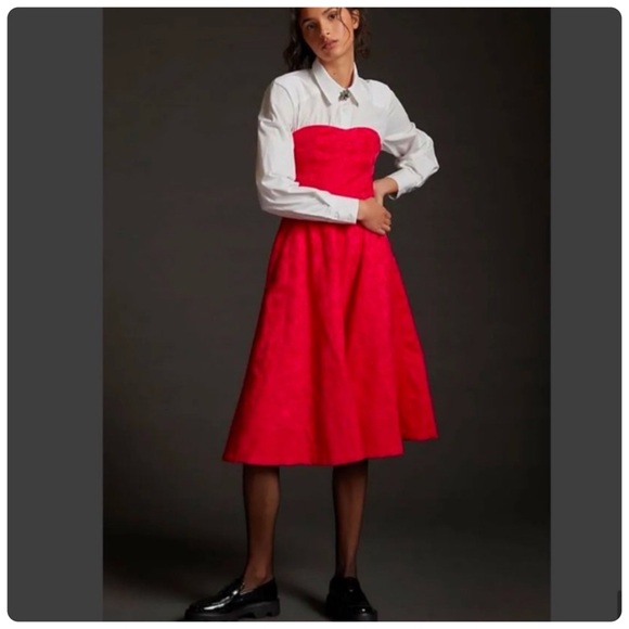 NWT Anthropologie Jacquard floral print Red Strapless Midi Dress size 12 - Picture 6 of 14